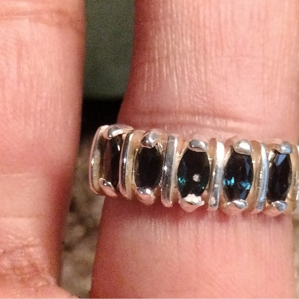 Sterling Silver 5 Marquis Blue Sapphire Ring Size 6.75